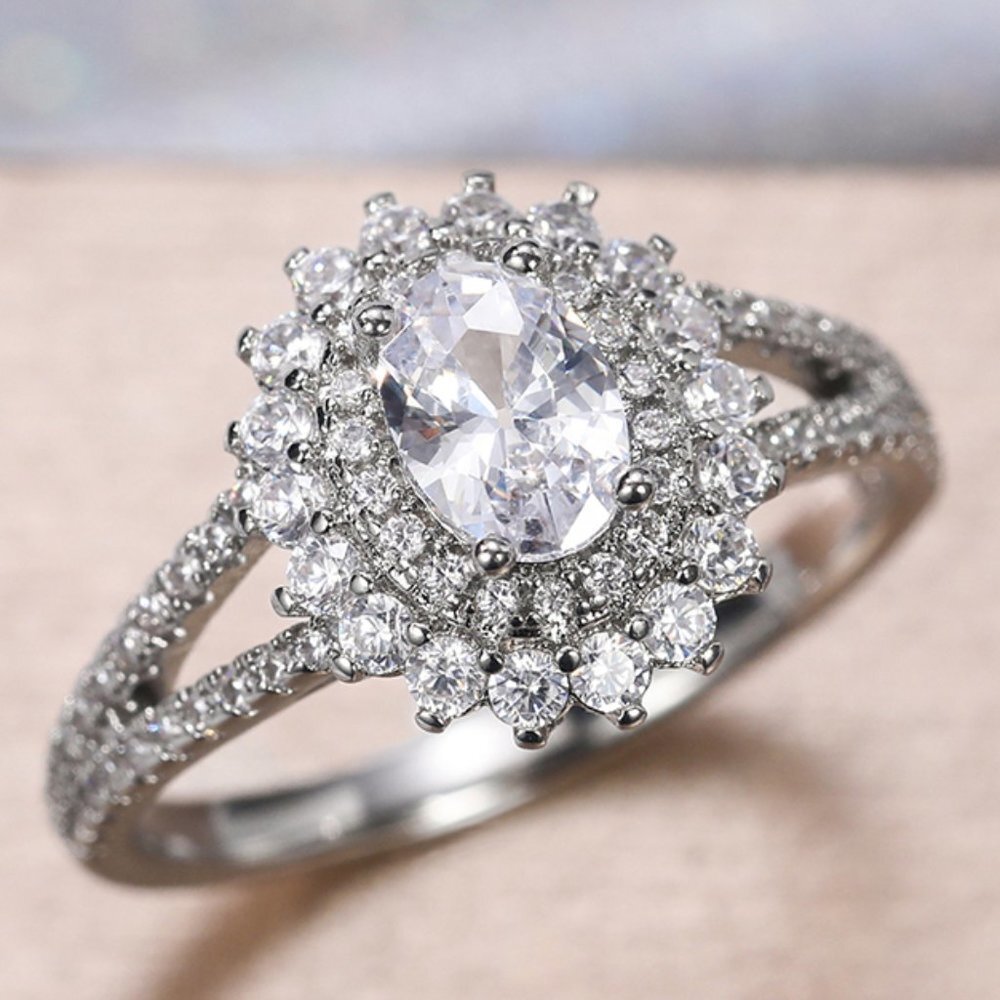 🌸Double Layer CZ Lovely Silver Dainty Luxury Flower Ring for Gift, K896